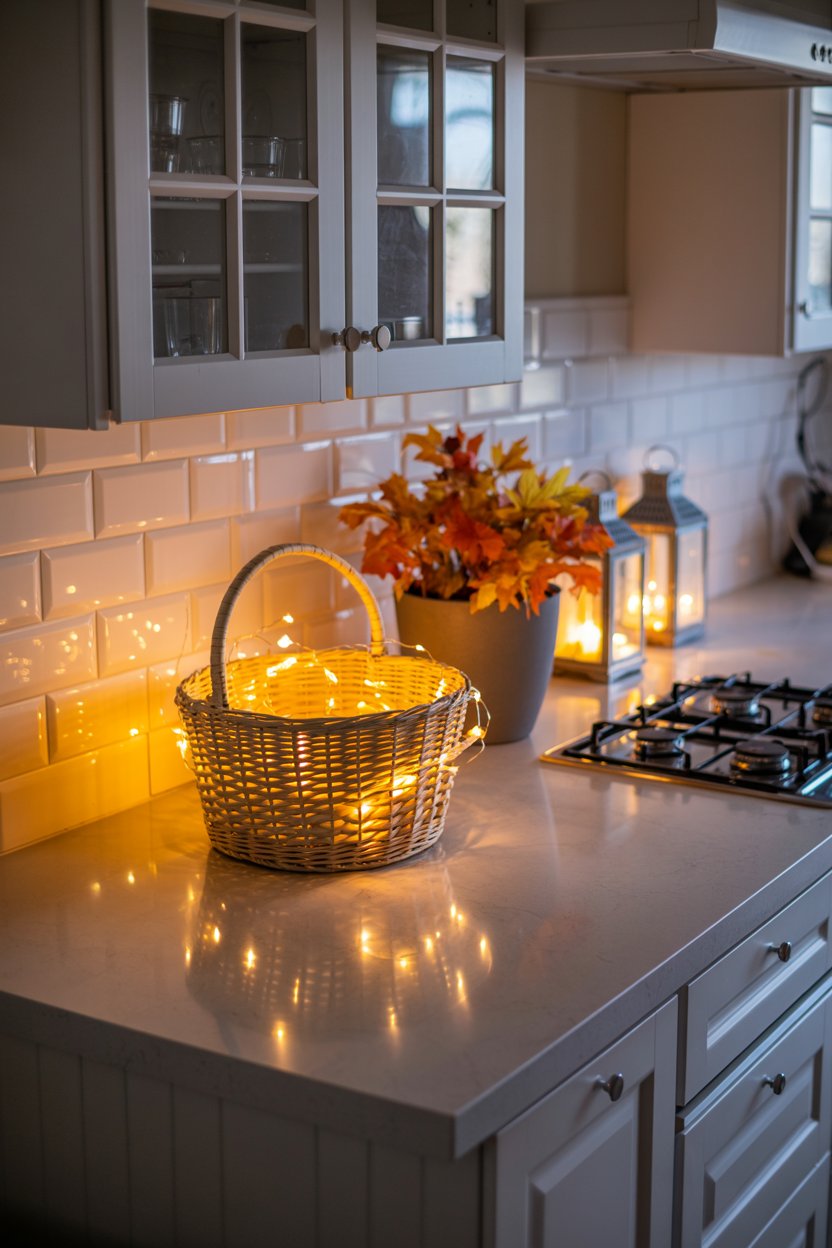 Fall-themed dish towels draped over the oven handle

