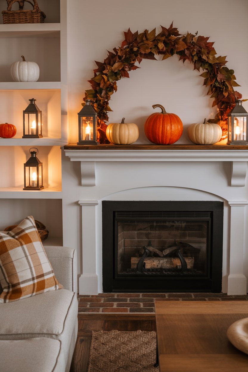 “Fall mantel display with tall vases and cozy candlelight”

