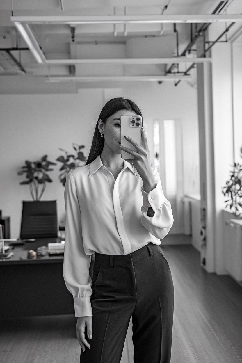 Japanese woman taking a mirror selfie wearing an
ivory silk blouse with tailored trousers, clean office interior — women silk blouse business outfits.