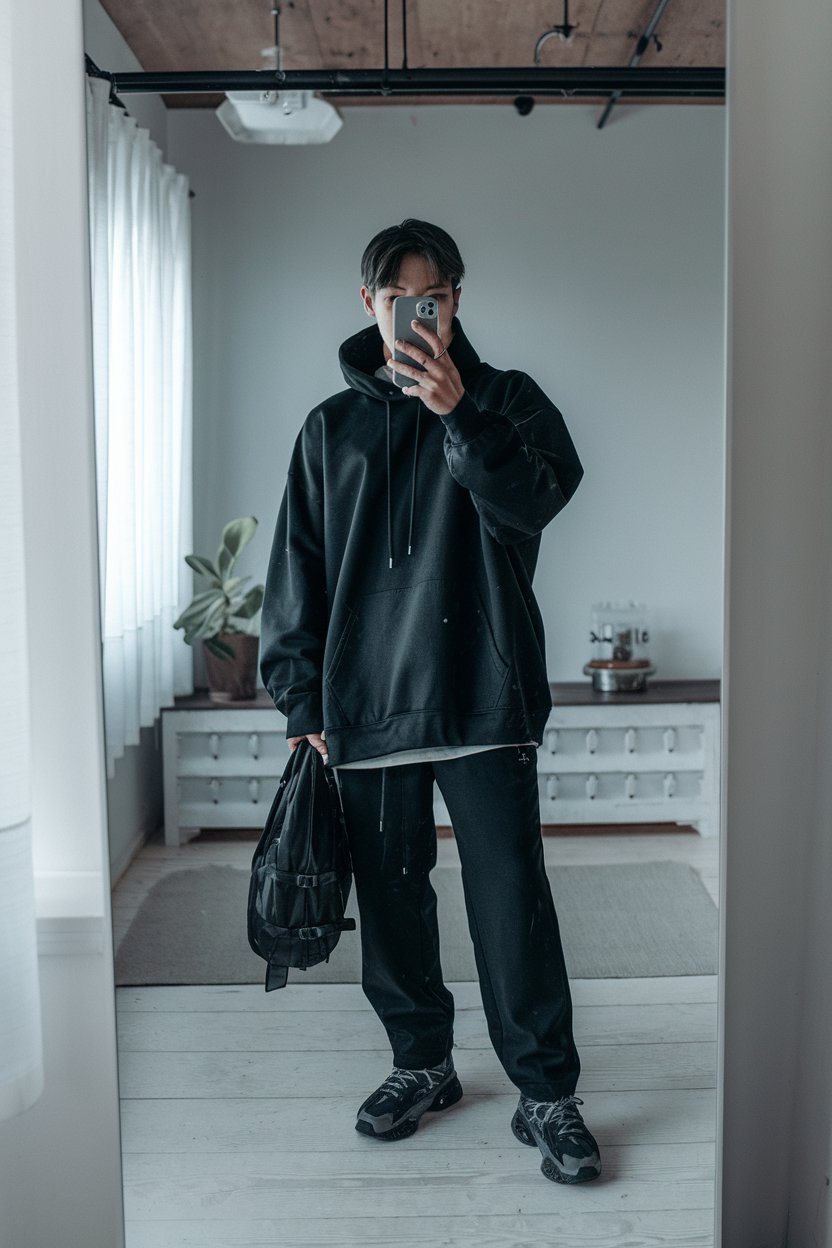 Japanese man taking a mirror selfie wearing a
black oversized hoodie with dark pants and sleek dark sneakers, modern minimal room — japanese mens streetwear.