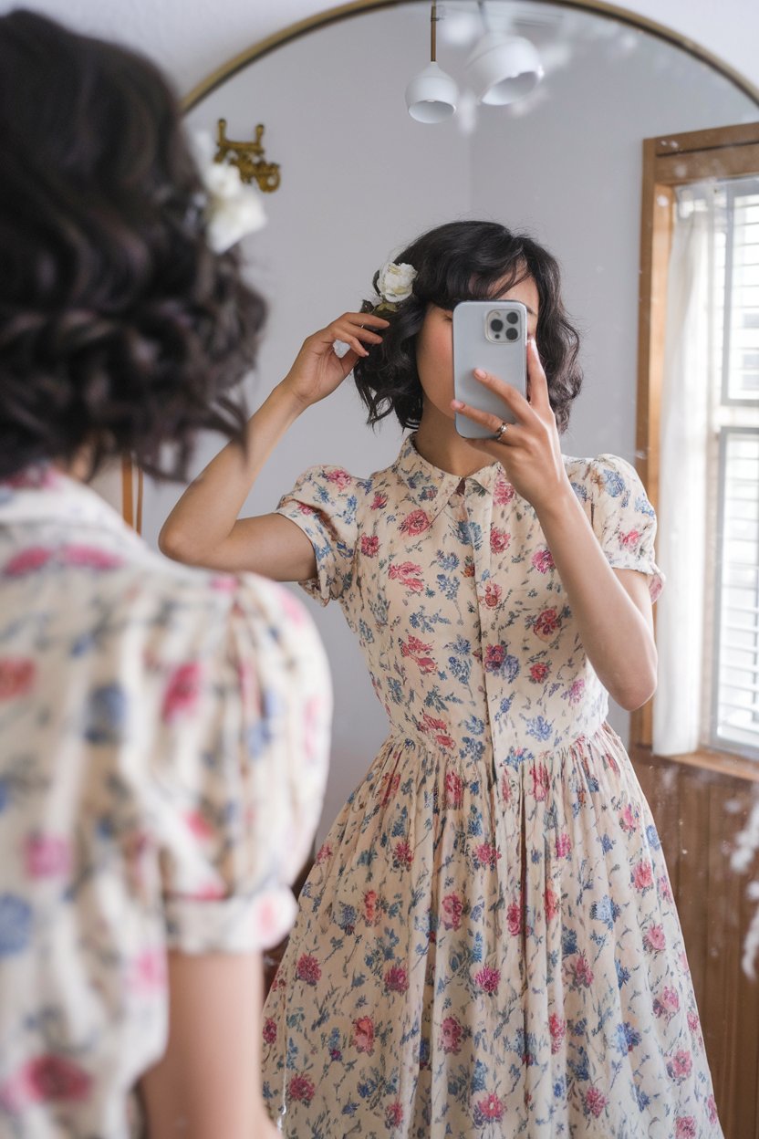 Japanese woman taking a mirror selfie wearing a
floral retro vintage dress made of soft fabric, gentle natural lighting — japanese women vintage fashion.