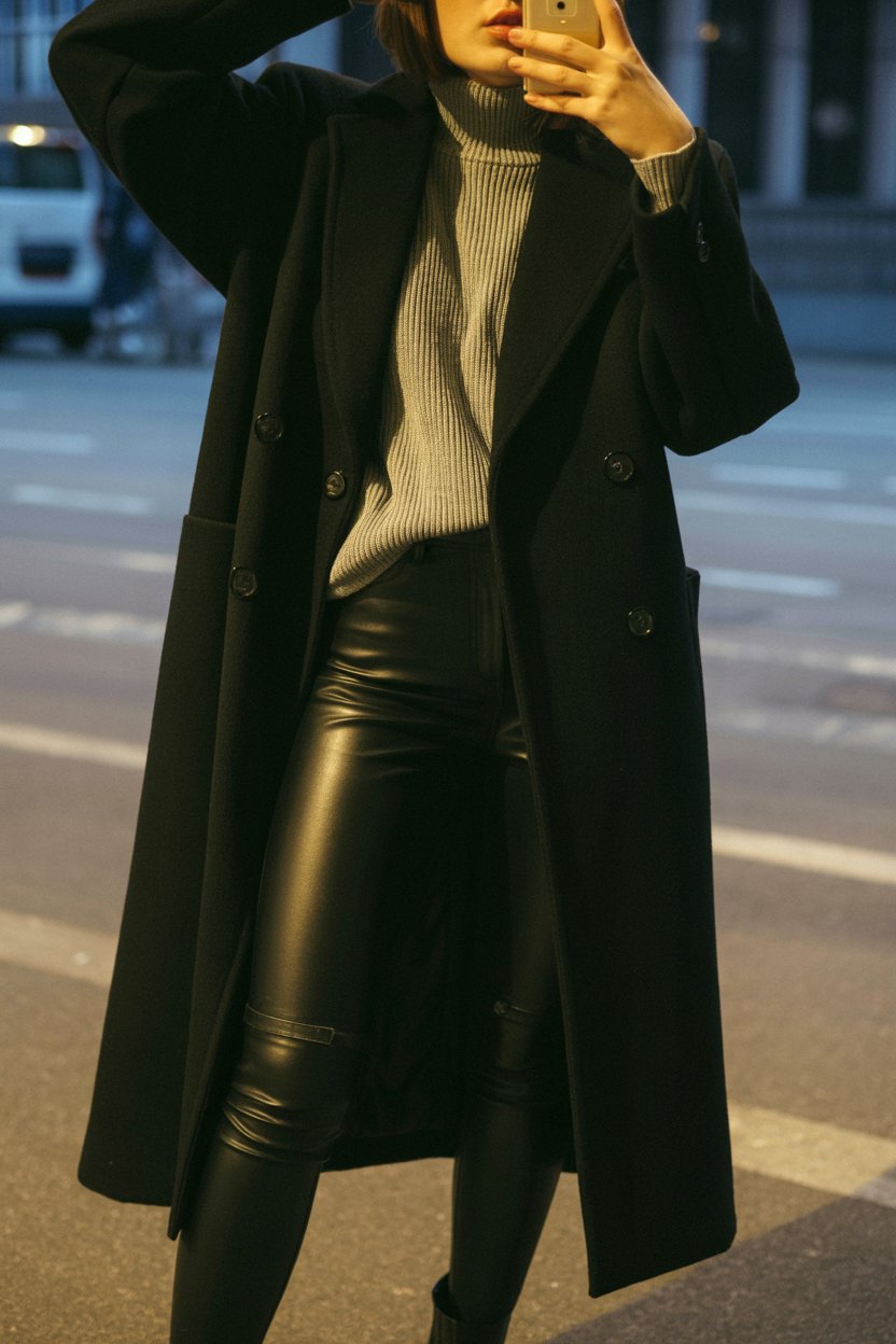Woman taking a mirror selfie in a long black
winter coat with a fitted sweater and skinny pants. The shot is cropped to avoid showing her face, giving a sophisticated nighttime vibe.