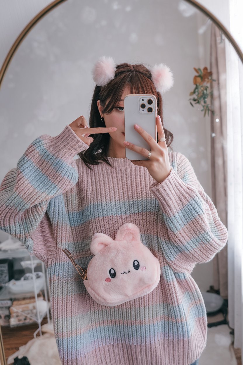 Japanese woman taking a mirror selfie in an
oversized pastel kawaii sweater with fluffy hair accessories and a plush mini bag — japanese women kawaii fashion.