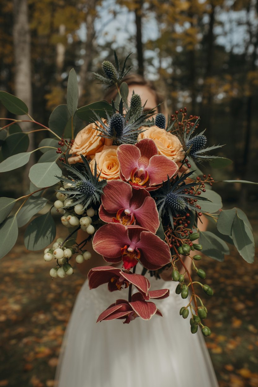Burnt orange and burgundy fall wedding bouquet with dahlias, roses, and eucalyptus