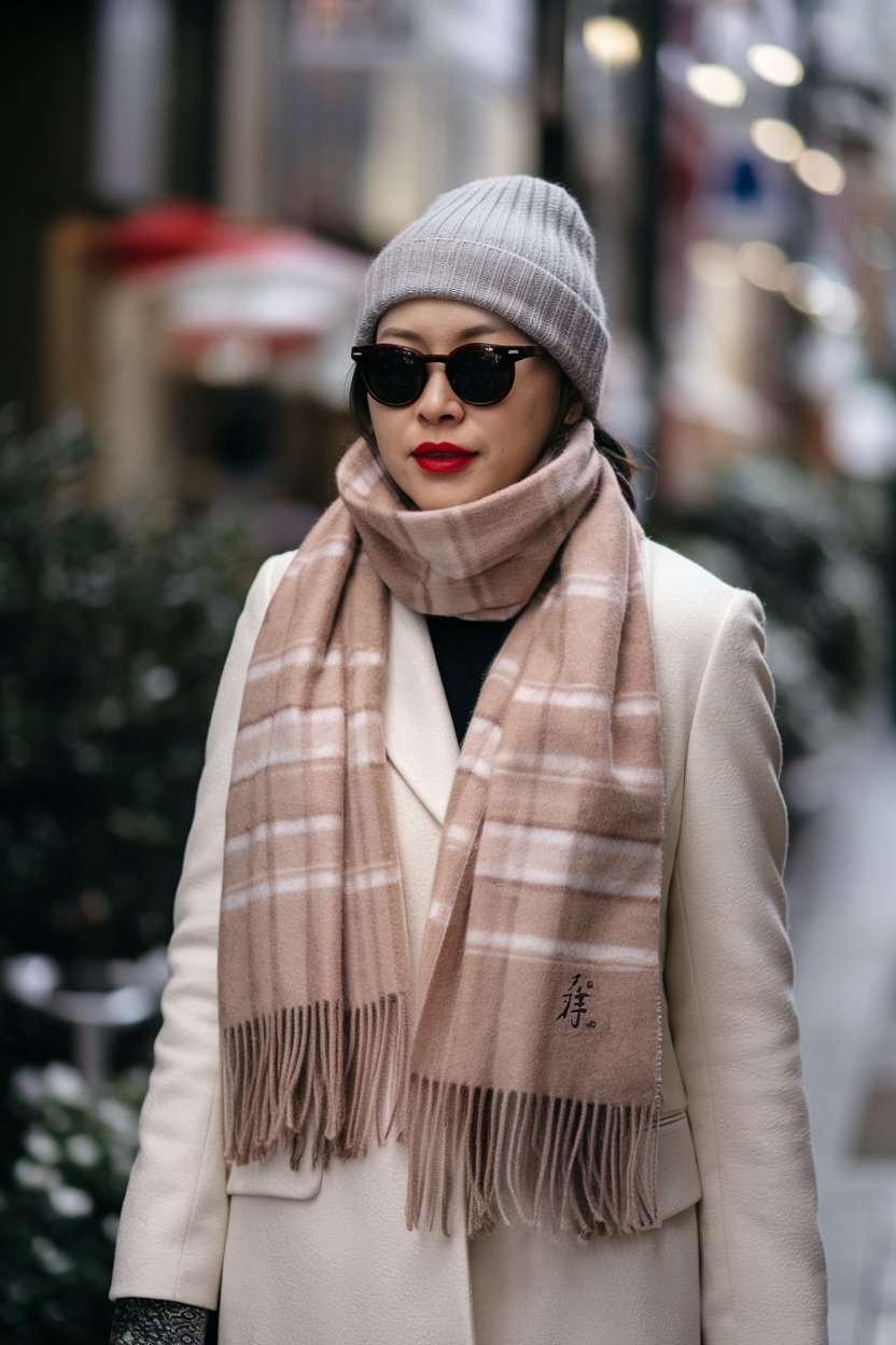 Japanese woman in beige and stone neutral
winter layers with cashmere scarf, luxury Ginza district — japanese winter outfits.