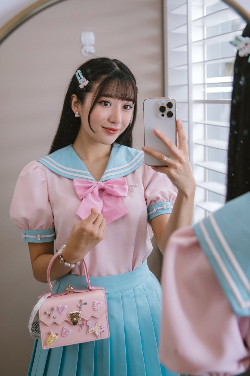 Japanese woman taking a mirror selfie wearing a
pastel schoolgirl-inspired kawaii look with small decorative hair clips and a cute handbag — japanese women kawaii fashion.