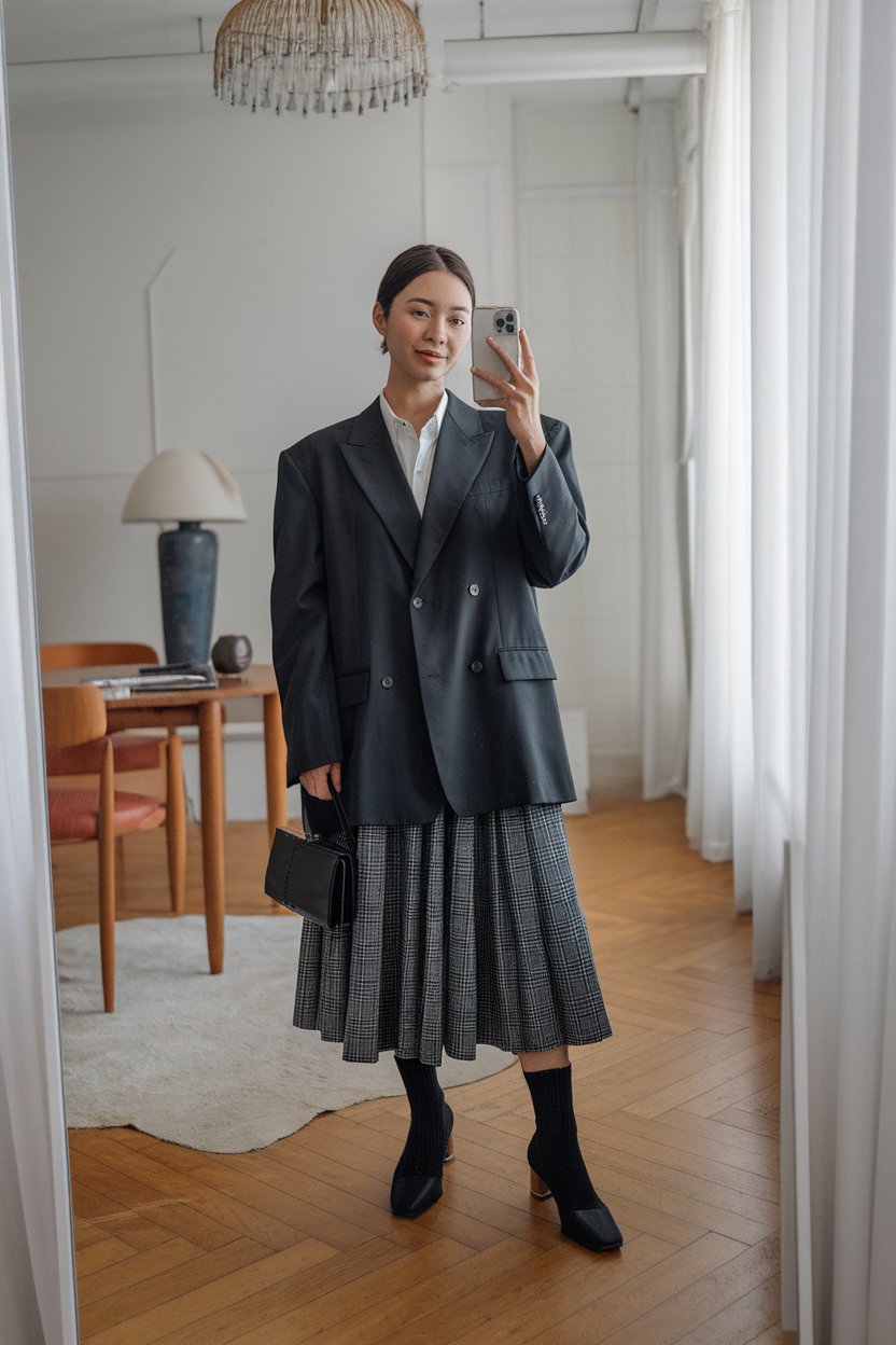 Japanese woman taking a mirror selfie wearing an
oversized blazer paired with a structured midi skirt, elegant bright interior — women oversized blazer business look.