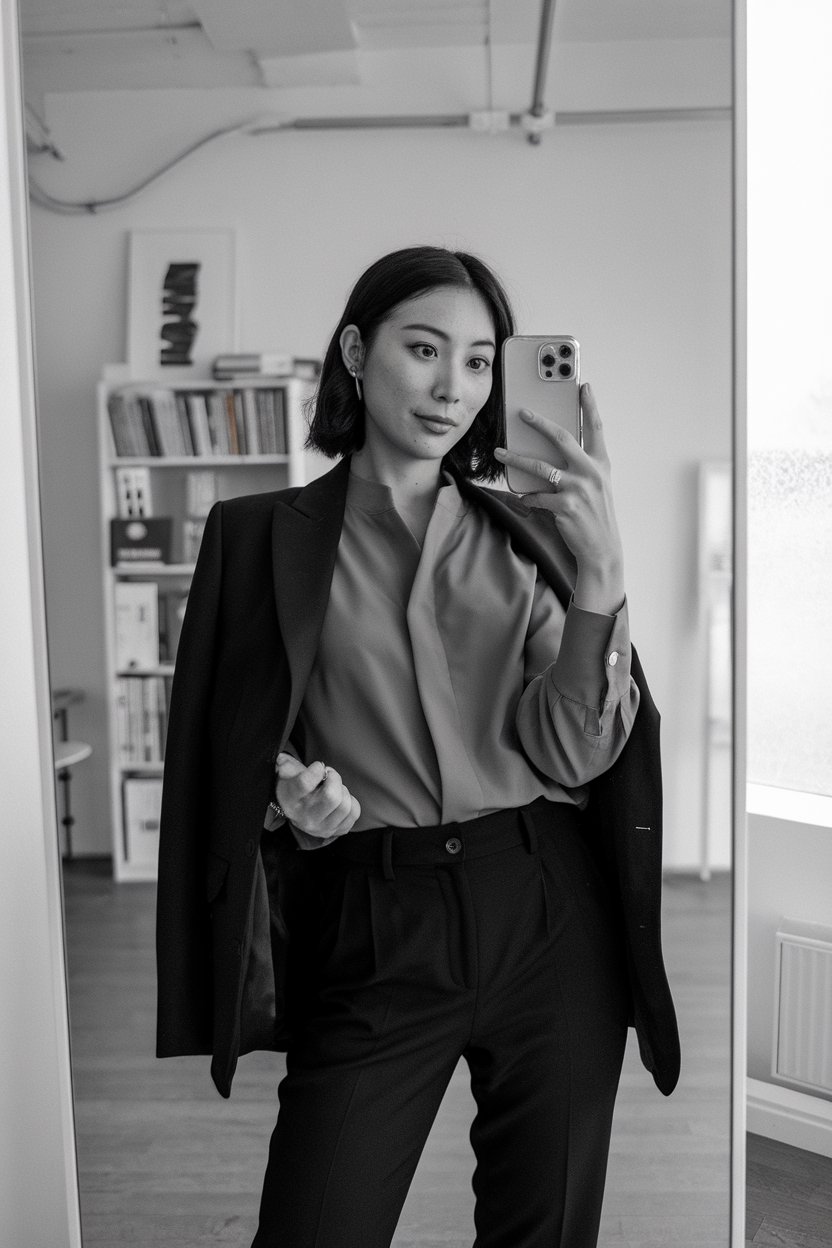 Japanese woman taking a mirror selfie wearing a
structured blouse layered under a blazer, sleek office environment — women business blouse outfits.