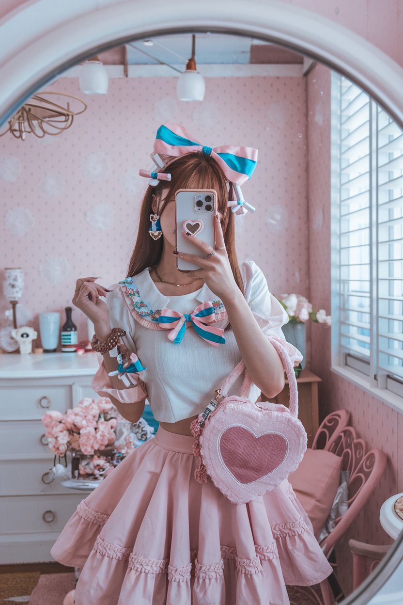 Japanese woman taking a mirror selfie wearing
ribbon-themed kawaii accessories, flowy skirt, and a heart-shaped bag, clean charming interior — japanese women kawaii fashion.