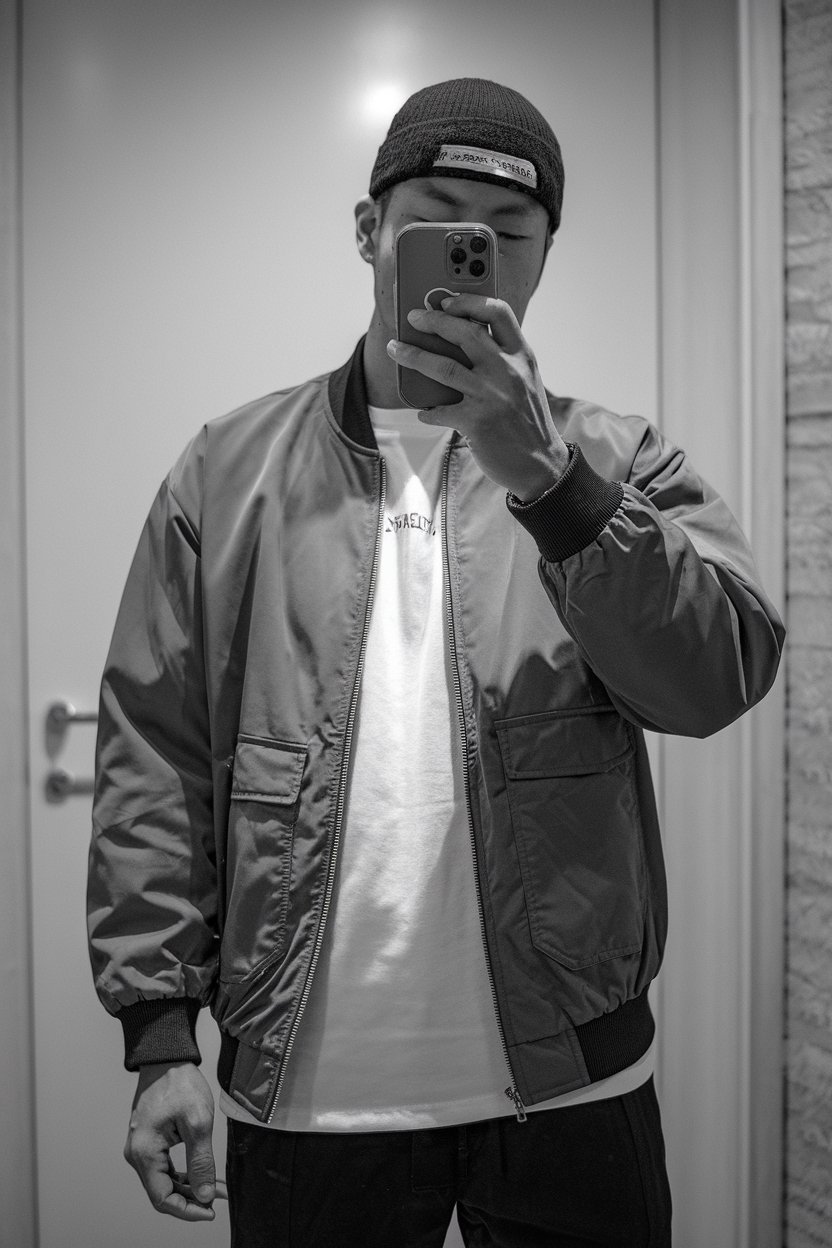 Japanese man taking a mirror selfie wearing a
high-end street-style designer jacket with premium materials and clean silhouette — tokyo mens designer fashion.