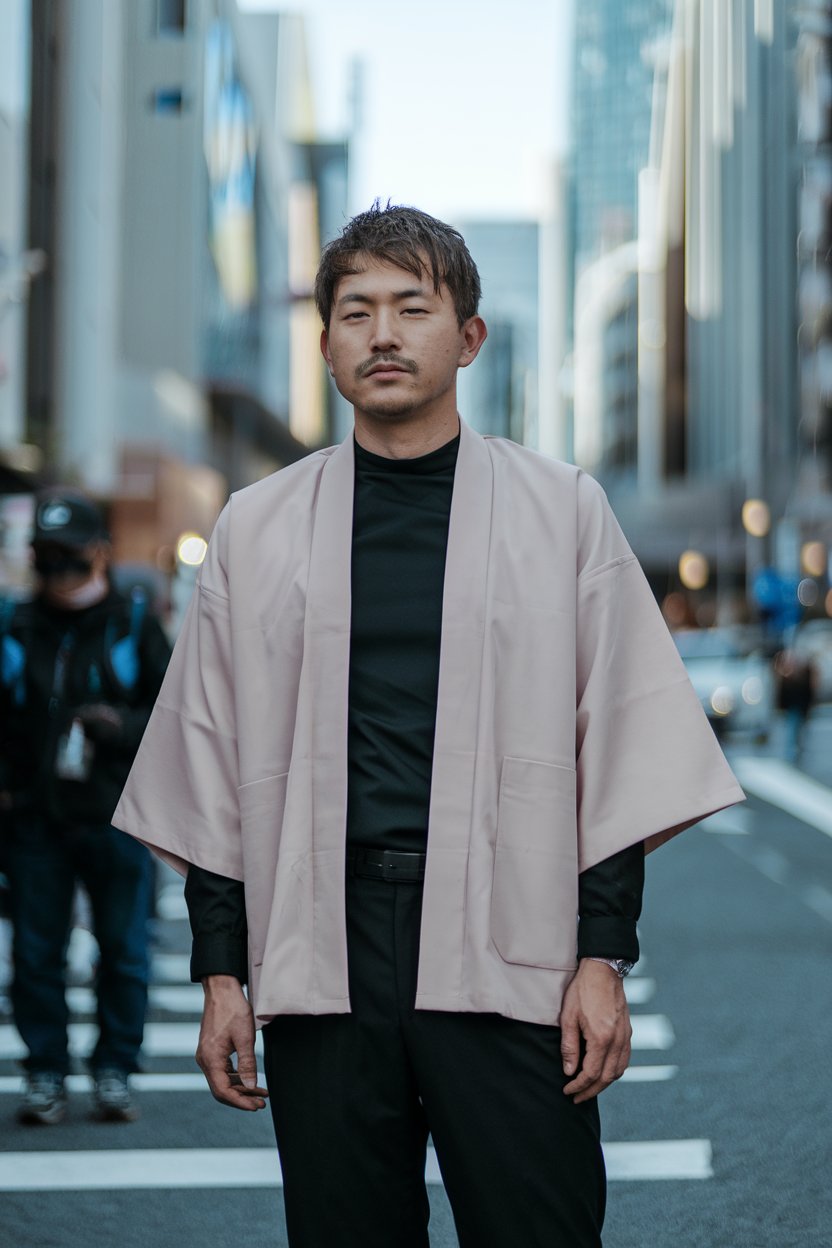 Japanese man wearing minimalist haori-style
jacket in plain colors, contemporary Tokyo street — japanese male fashion.