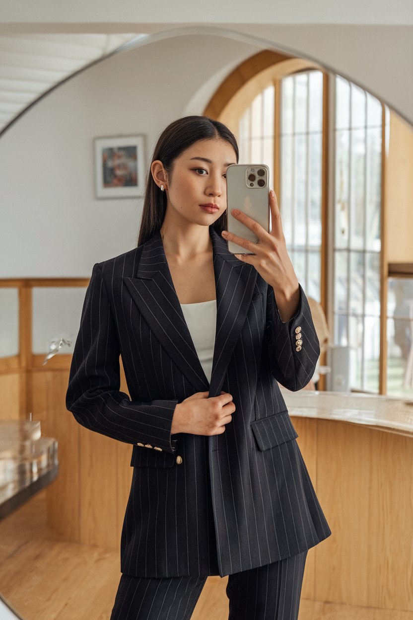 Japanese woman taking a mirror selfie wearing an
executive structured blazer outfit with sharp shoulder lines, refined professional setting — women structured blazer office style.