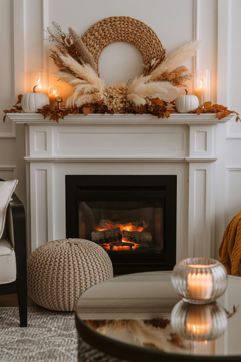 “Fall mantel scene with rustic lanterns and flameless candles”


