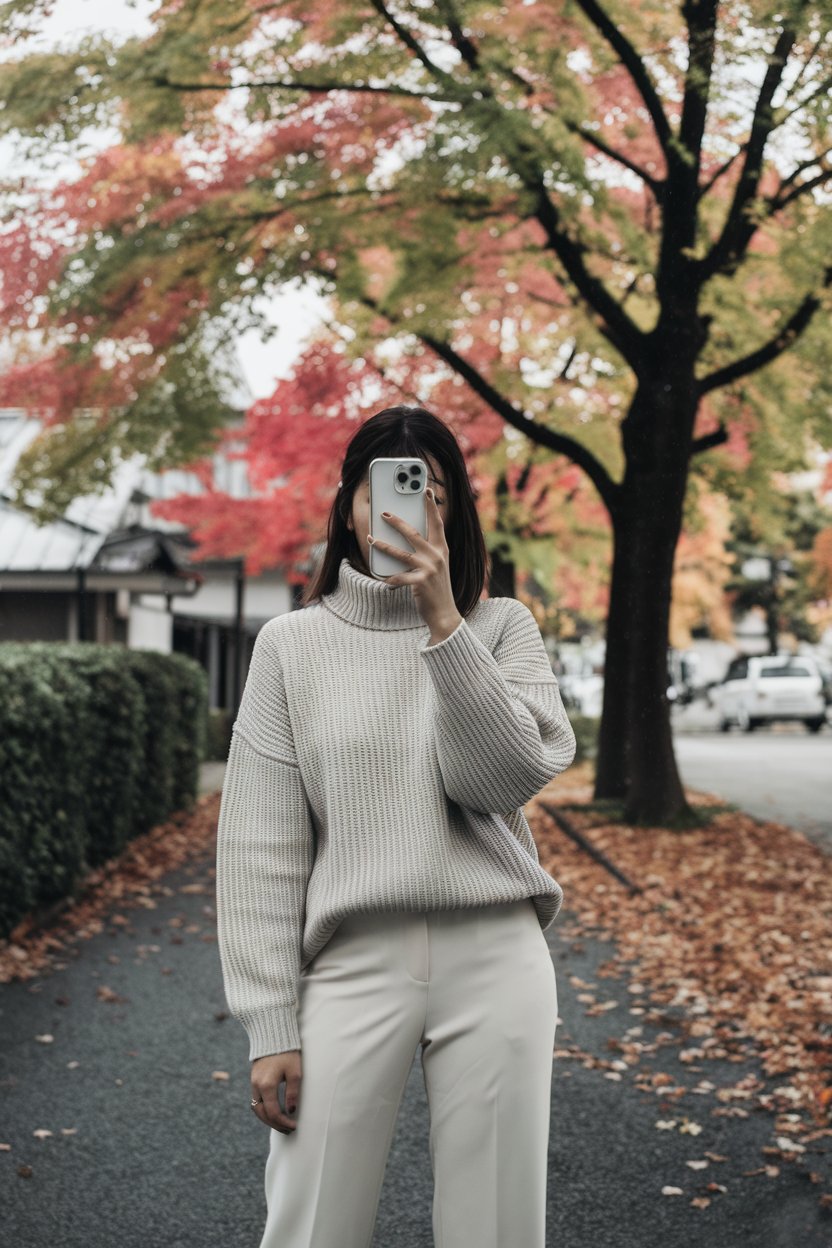 Japanese woman taking a mirror selfie wearing a
neutral knit sweater with simple straight pants, soft seasonal atmosphere — japanese women autumn fashion.