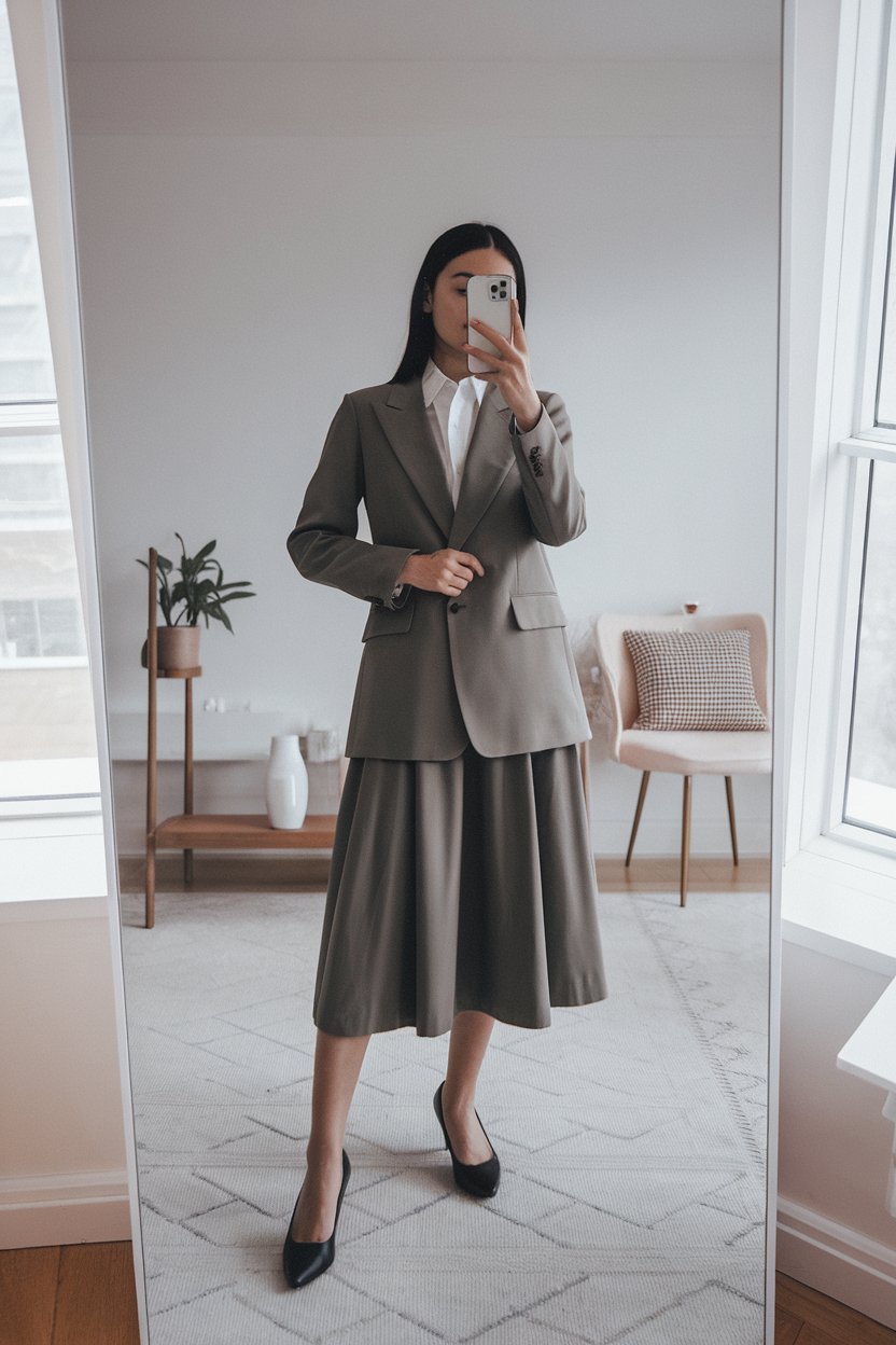 Japanese woman taking a mirror selfie wearing a
classic blazer paired with a midi skirt, bright minimalist interior — women timeless business fashion.