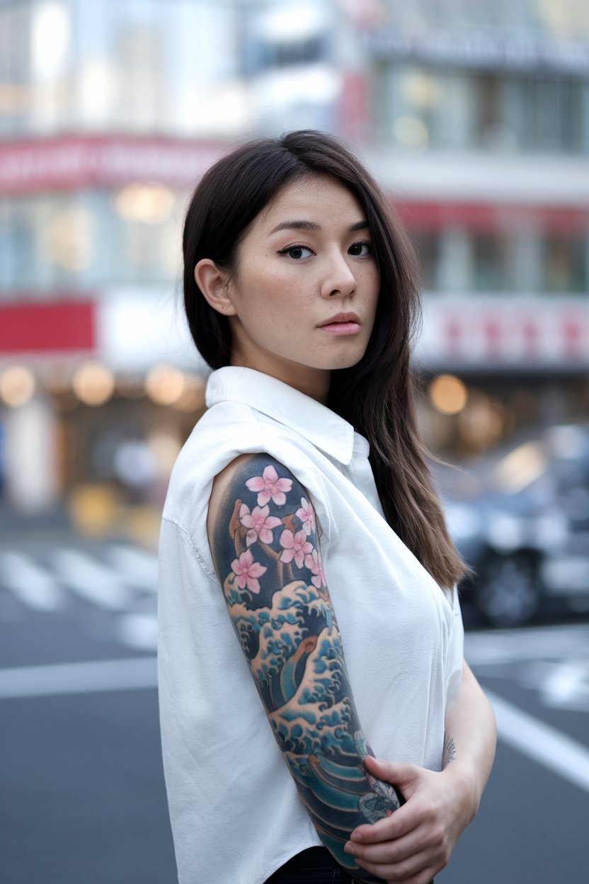 A portrait of a Japanese woman showcasing an intricate Japanese-style tattoo on her arm.