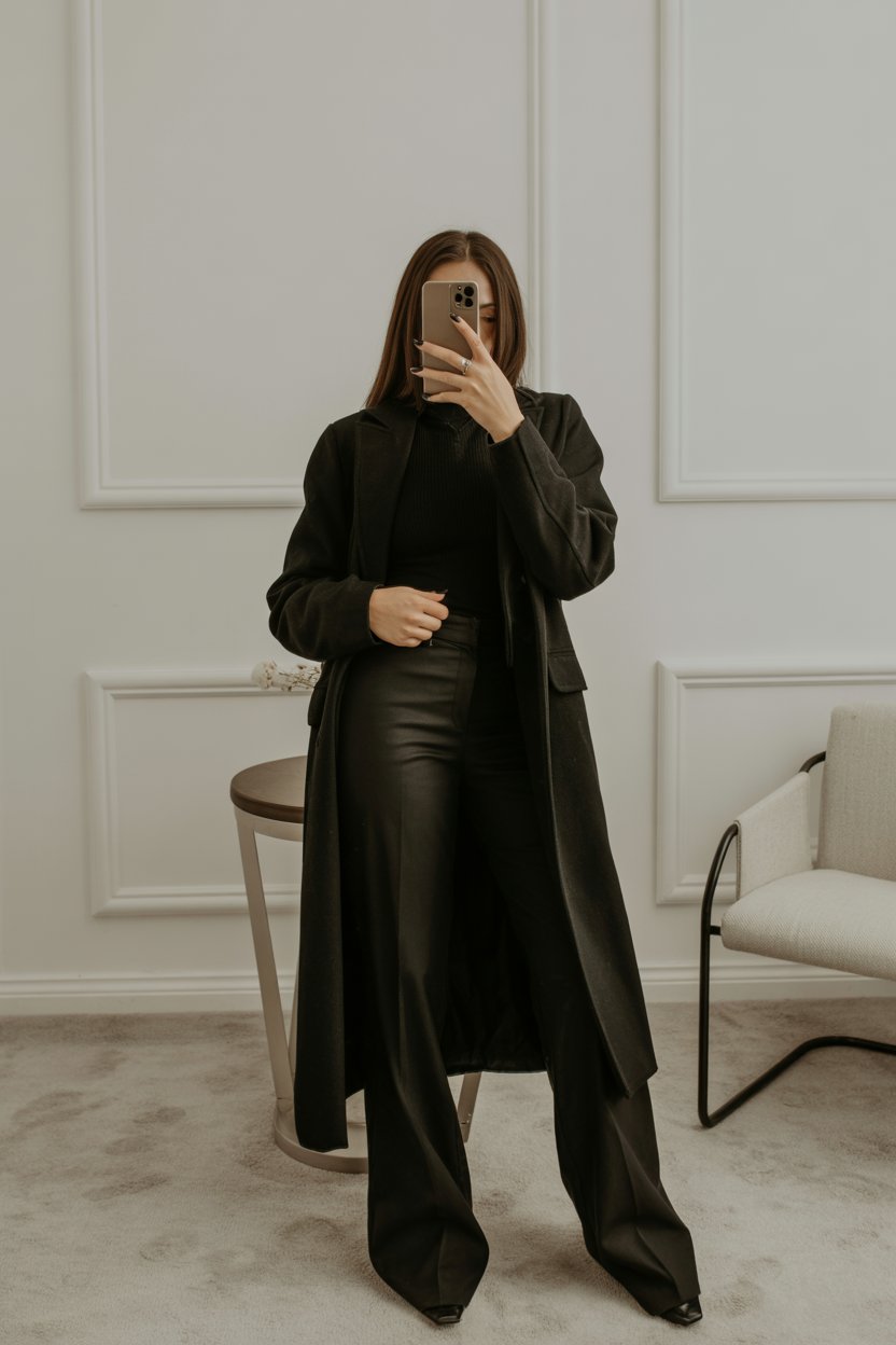 Woman taking a mirror selfie in a full black winter
office outfit with a long structured coat. The outfit is the focus, with her face intentionally out of view.