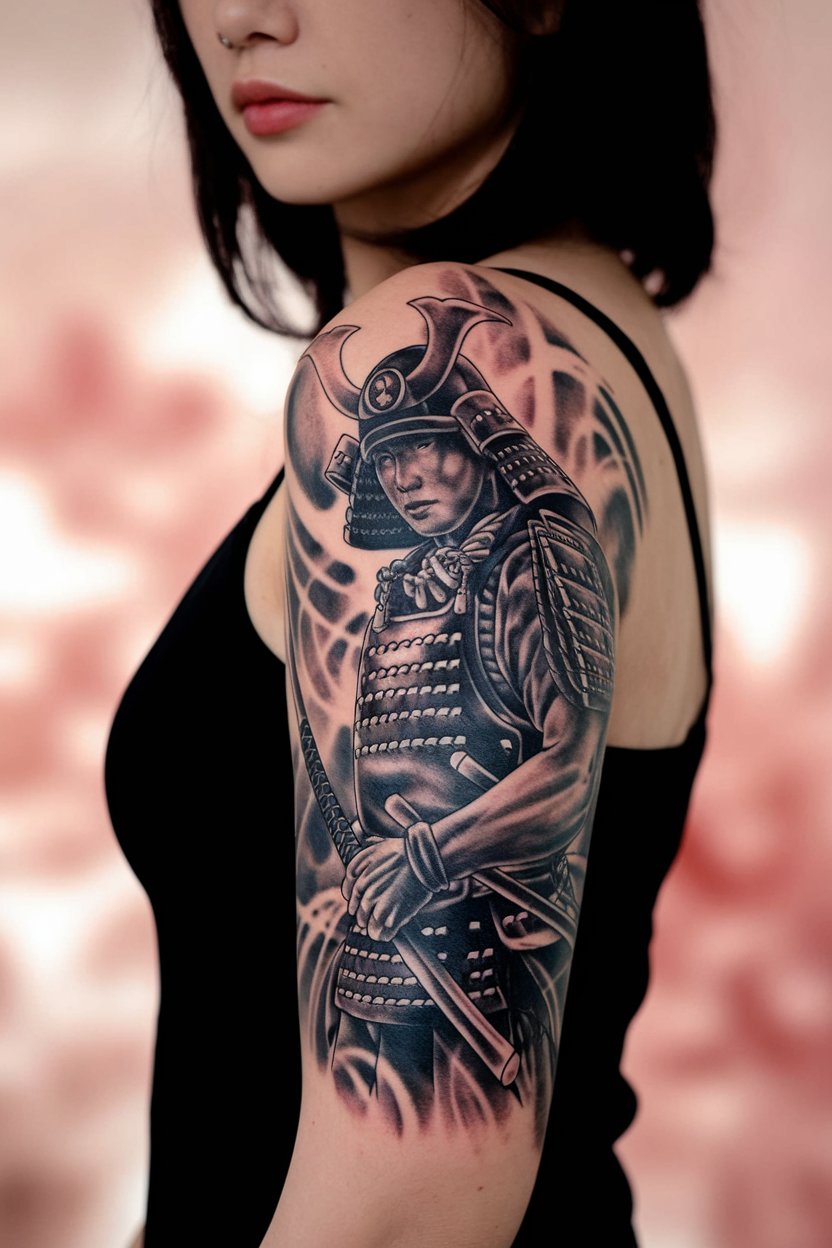 Samurai Tattoo leg A detailed samurai tattoo covers the calf, featuring intricate armor and a fierce expression.