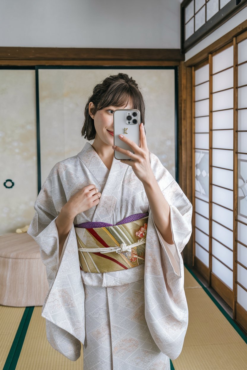 Japanese woman taking a mirror selfie wearing a
light patterned yukata with a colorful obi belt, soft bright interior — japanese women kimono fashion.