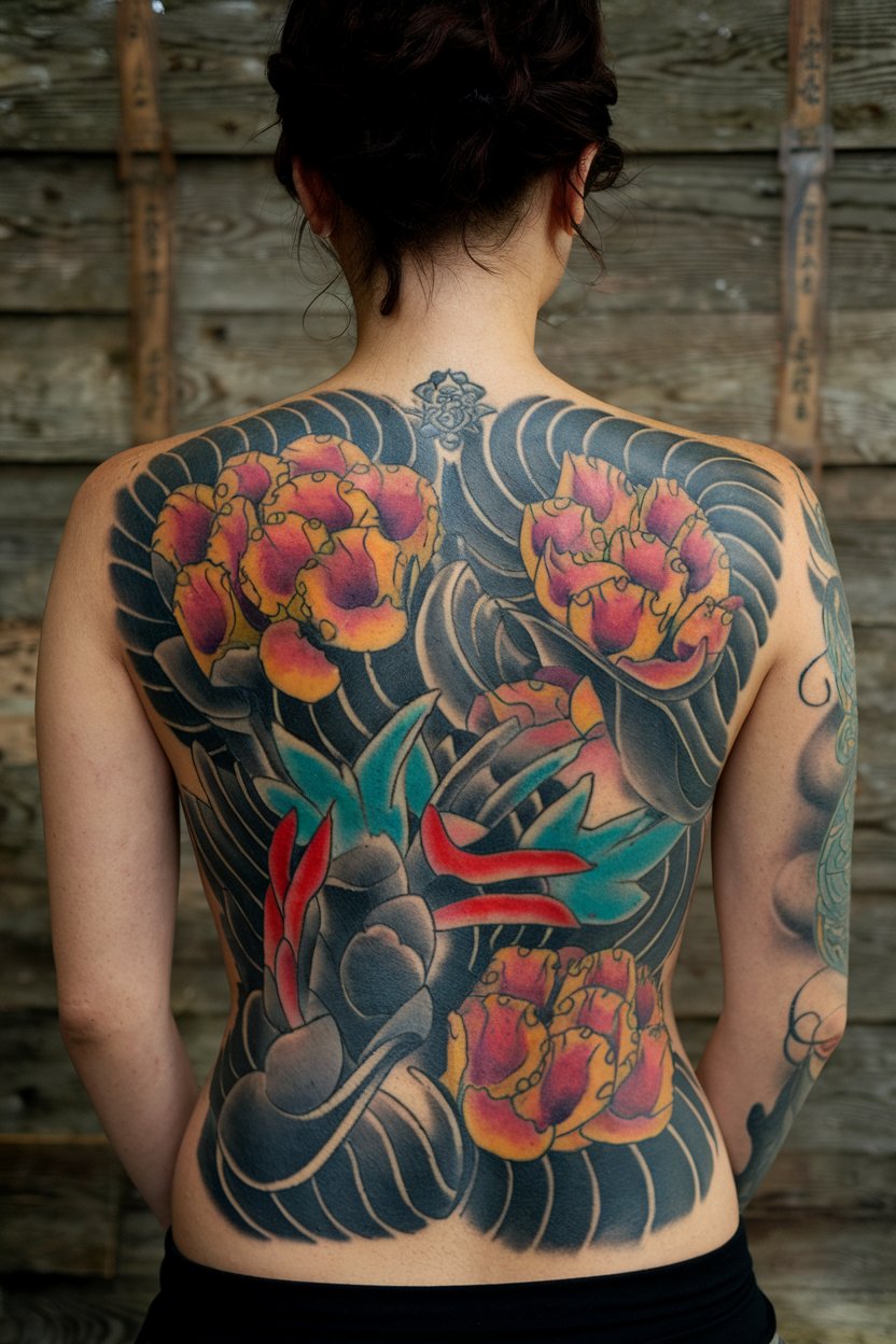 A Japanese back tattoo featuring a woman with a
detailed full back and hand tattoo in traditional Japanese style.