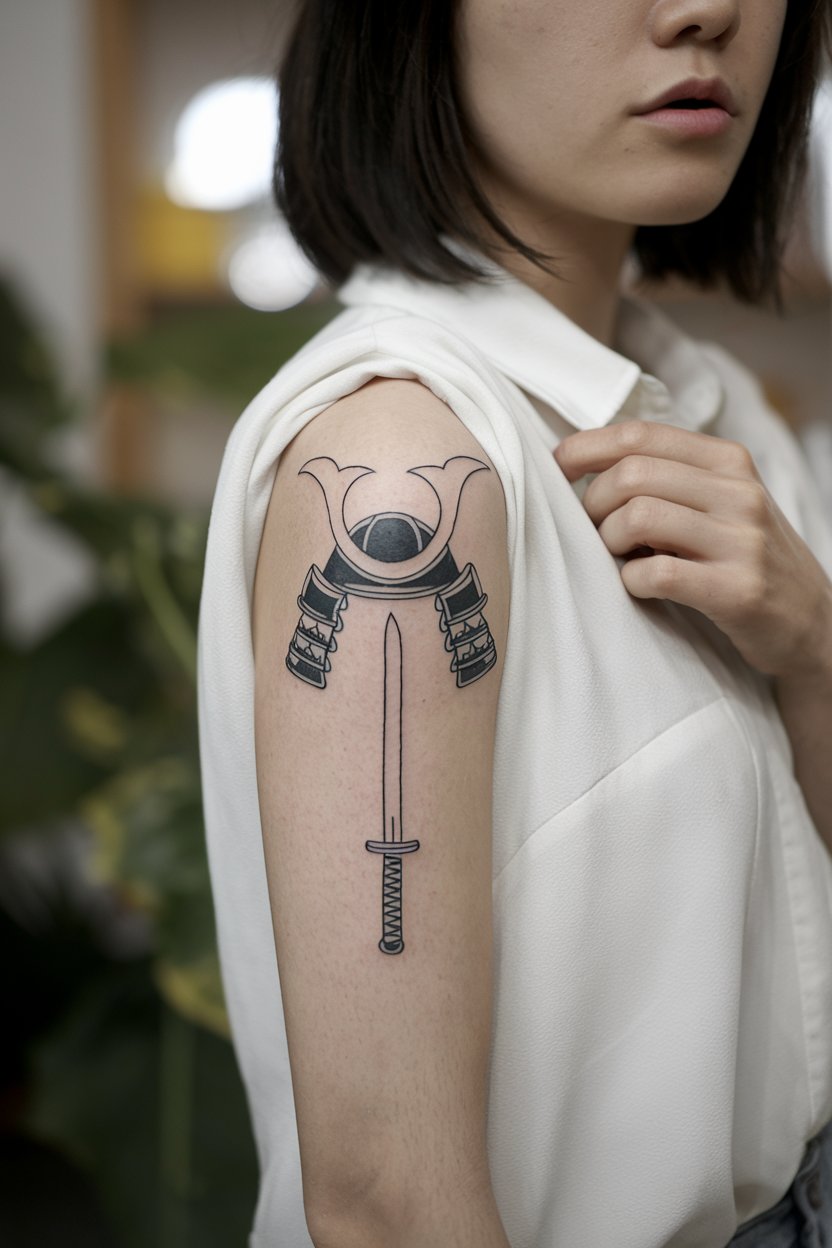 A Japanese woman showing her face while revealing a small, clean-line Samurai tattoo.