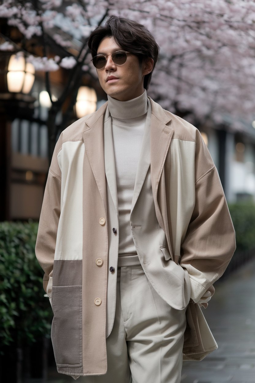 Japanese man wearing layered neutral tones in
beige and stone, soft elegant Tokyo background — japanese male fashion.