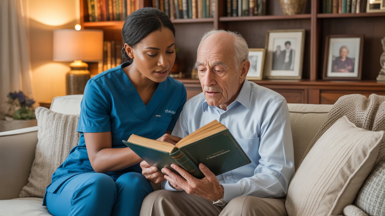 Carer assisting elderly client in home environment