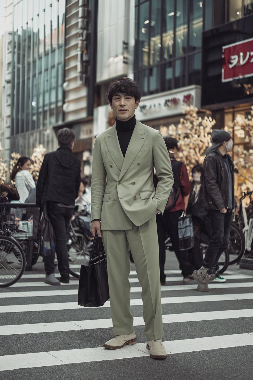 Japanese man in soft-tailored blazer and tapered
trousers, standing in stylish Shibuya environment — japanese street wear mens.