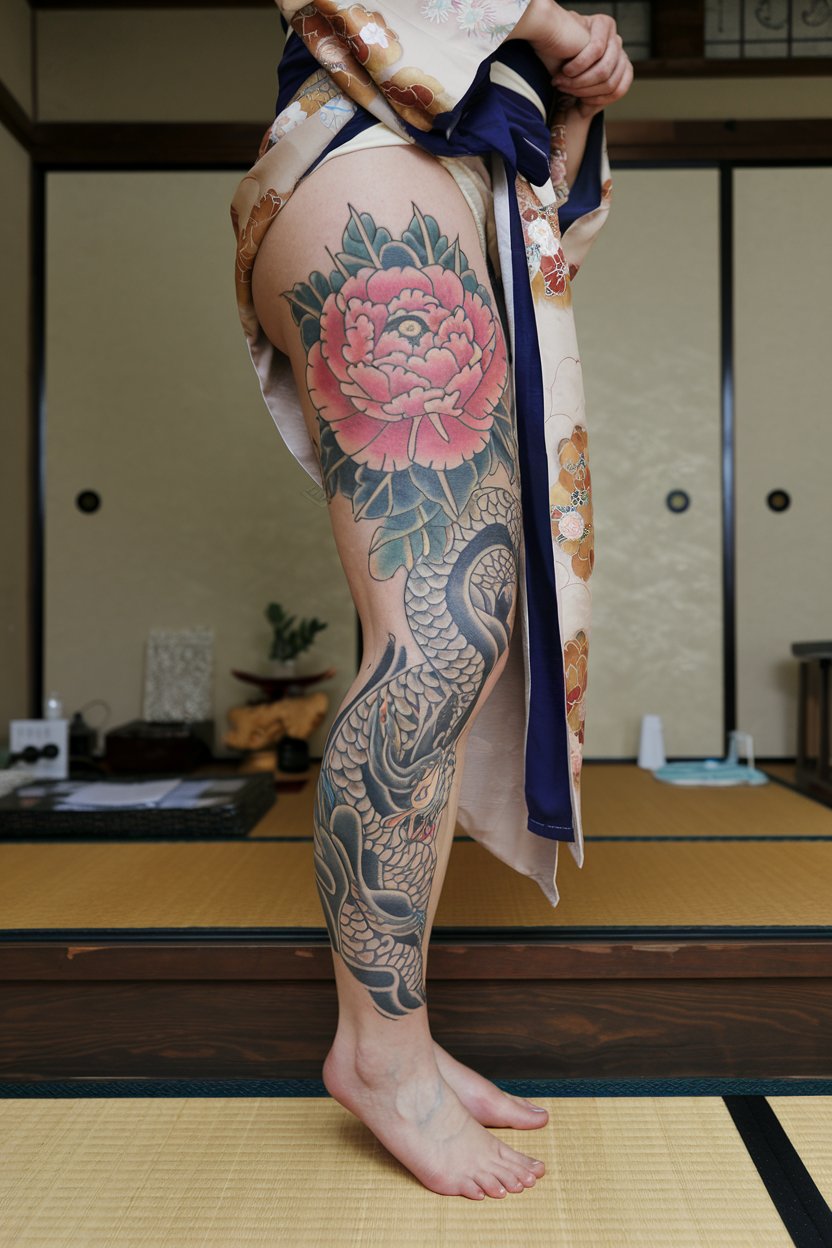 A Japanese woman with a detailed Irezumi leg tattoo, her face clearly visible in the shot.