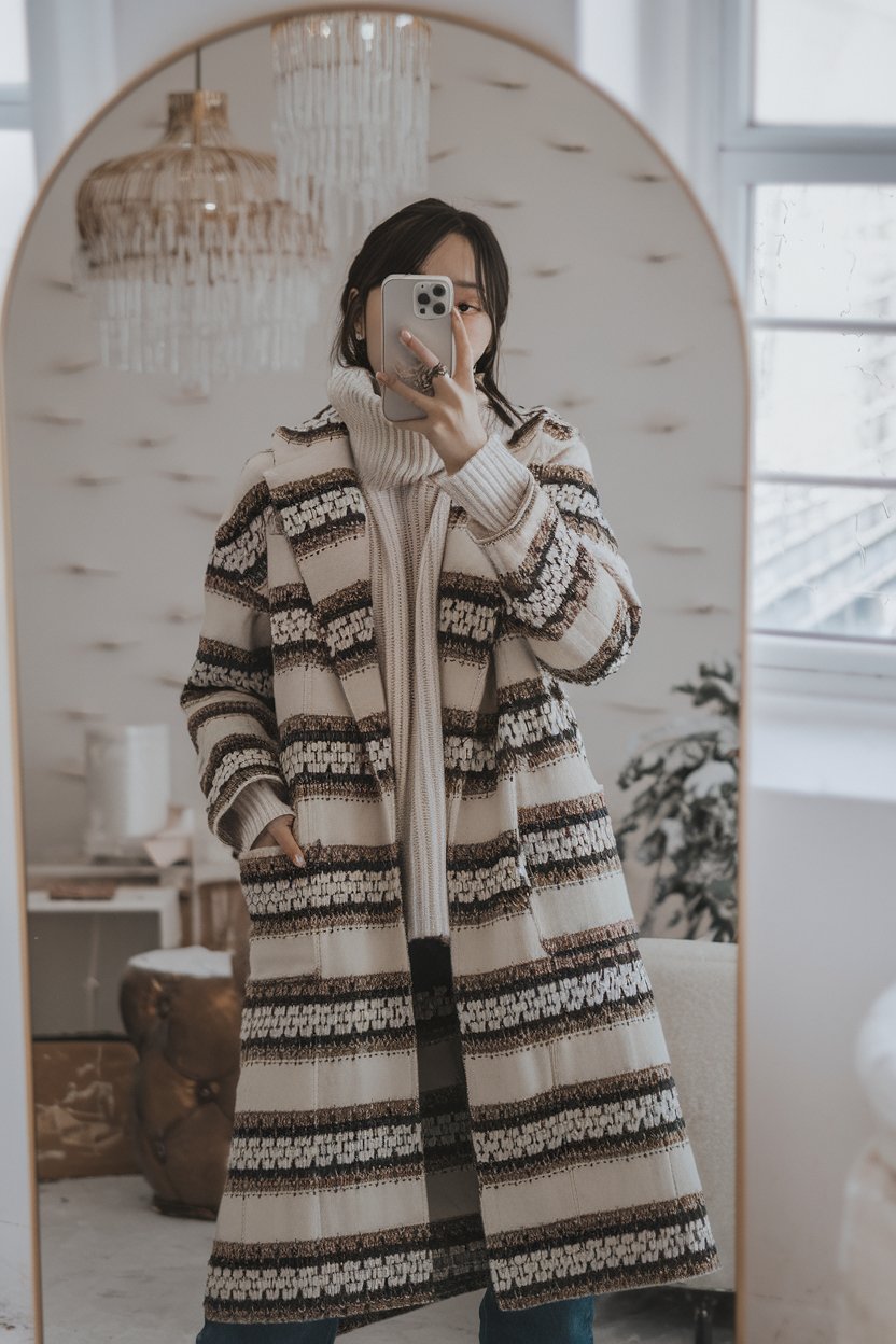 Japanese woman taking a mirror selfie with long
layered coat, ribbed knitwear, and soft neutral tones, elegant winter interior — japanese women winter streetwear.