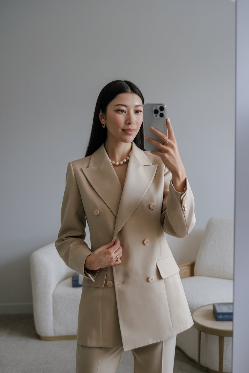 Japanese woman taking a mirror selfie wearing an
executive luxury business outfit with premium materials, calm professional setting — women luxury business basics.