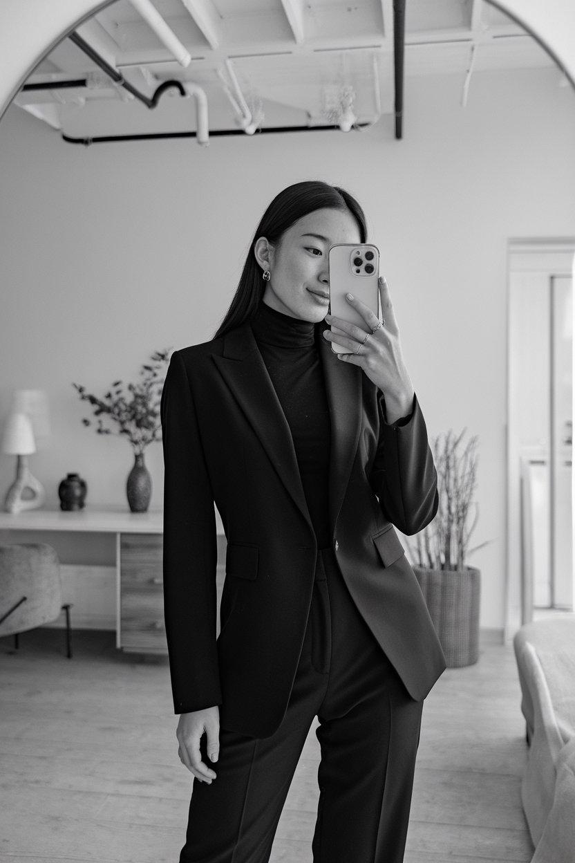 Japanese woman taking a mirror selfie wearing a
black slim turtleneck with tailored trousers, clean modern interior — women business turtleneck outfits.