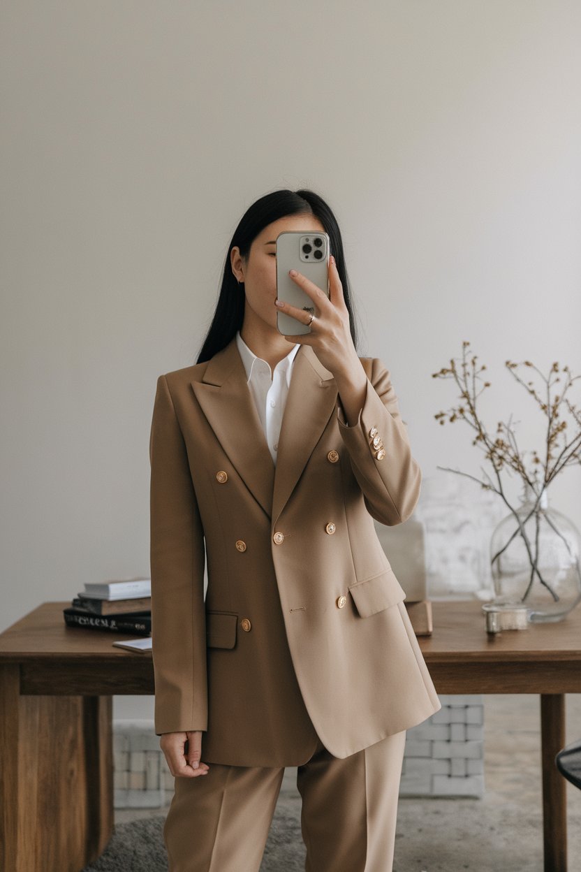 Japanese woman taking a mirror selfie wearing an
earth-tone executive office outfit with structured tailoring, calm professional setting — women business outfits earth tones.