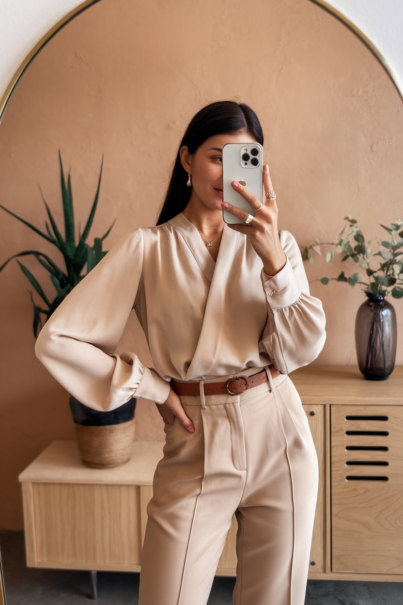 Japanese woman taking a mirror selfie wearing a
warm beige blouse with tailored pants, elegant professional space — women soft beige business outfits.