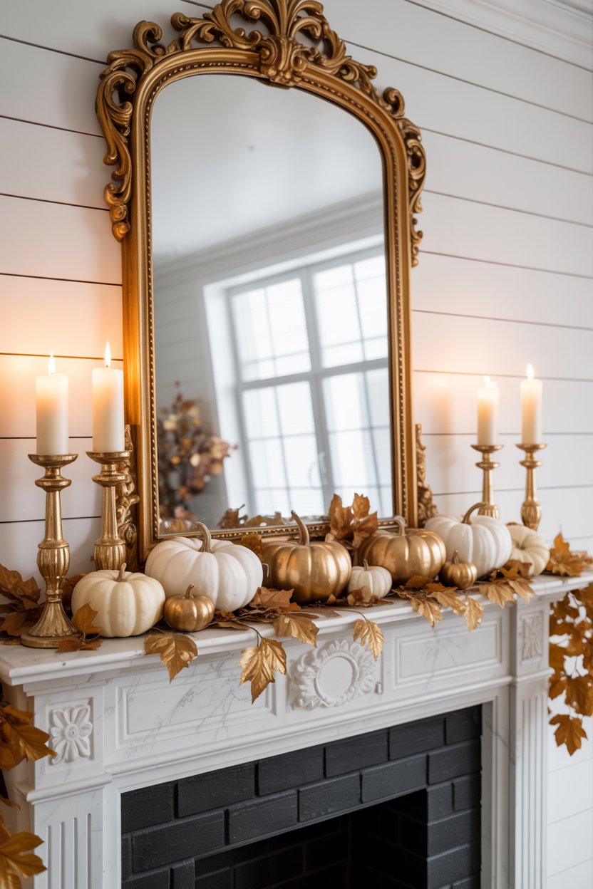 “Fall mantel design with a statement fall wreath and neutral accessories”

