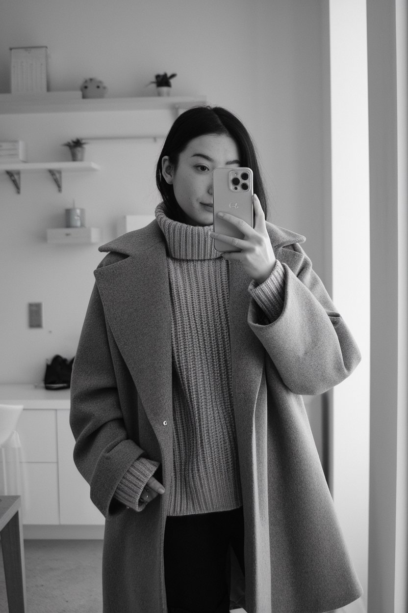 Japanese woman taking a mirror selfie wearing
sculpted knit layers and soft structured coat, minimalist interior — japanese women winter streetwear.