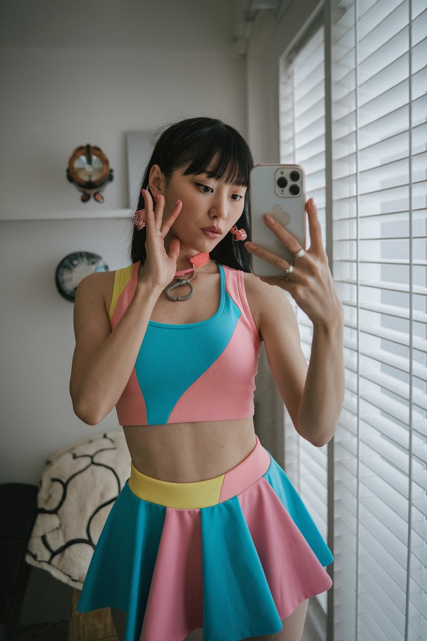 Japanese woman taking a mirror selfie in a
colorful sporty-top-and-skirt outfit with expressive accessories — harajuku women outfit ideas.