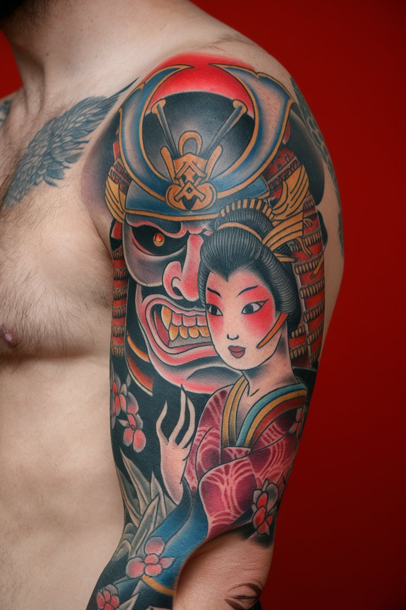 "Samurai Tattoo Sleeve A detailed Japanese
samurai-themed sleeve tattoo featuring a fierce warrior mask and a geisha
